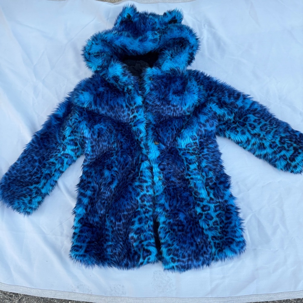 Spirithoods Faux Fur Coat S Blue Electric Lynx Animal Print Hooded Ears Festival